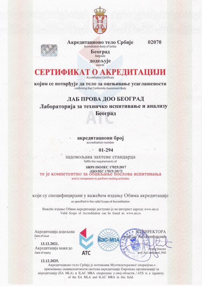 lab prova sertifikat o akreditaciji